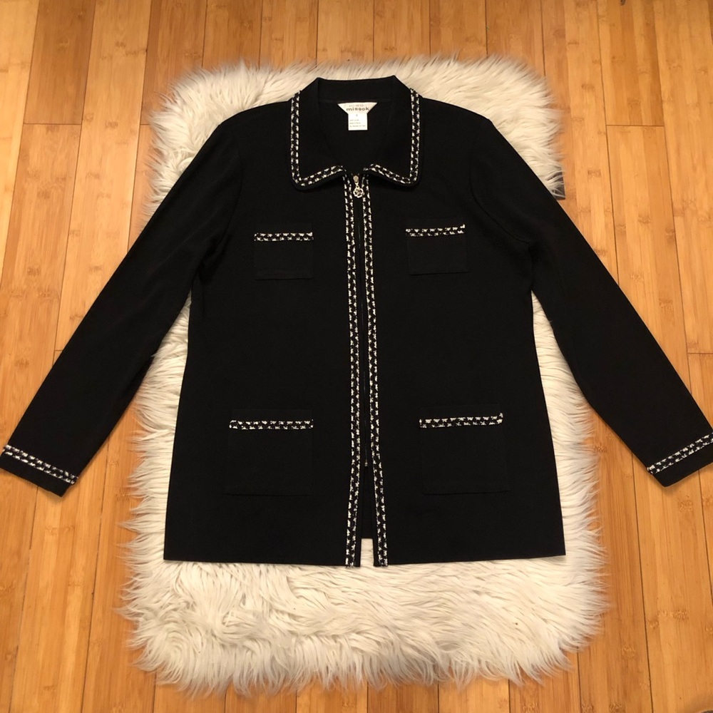 Exclusively Misook Embroidered Contrast Hem Zip Up Pockets Black Knit Cardigan L
